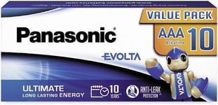 Panasonic EVOLTA Pile alcaline, AAA micro LR03, paquet de 10 dans un emballage sans plastique, 1,5 V, pile Premium avec une puissance particulièrement longue durée, alcaline.