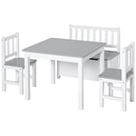 HOMCOM Ensemble de Table et chaises Enfant - Set de 4 pièces - Table, 2 chaises, Banc Coffre 2 en 1 - MDF pin Blanc Gris