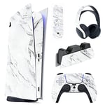 PlayVital Autocollants Skin Decal pour ps5 Manette,Sticker Vinyle Habillages pour ps5 Console Édition Numérique&Station de Charge&Casque&Télécommande Média-Marbre Blanc Moderne