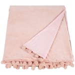 Ragged Rose 140 cm x 180 cm Throw Blanket - Pom Pom Throw Made of Cotton Velvet with Pompom Trims on Sides - Versatile Cotton Velvet Blanket for Sofa & Bed