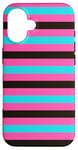 Coque pour iPhone 16 Rose Bleu rayé Girly Esthétique Preppy Black Stripes