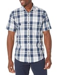 Amazon Essentials Chemise en Popeline à Manches Courtes Coupe Régulière Homme, Bleu Marine Blanc Grand Plaid, XS