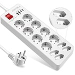 Multiprise Electrique USB C 12 Prises, Multiprise Parafoudre Jusqu'à 1700 Joules,4 Ports USB Rallonge Multiprise électriques avec Interrupteur Protection Enfant Murale Multiprise Plate 1,5m,Blanc