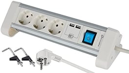 Electraline 62563 Aluminium pour Bureau + 2 Ports 2,4 A, câble G1,5 mm Prise de Table multiprise Schuko, Blanc, 3 Fach + 2 USB