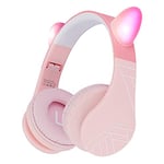 PowerLocus Bluetooth Headphones for Kids, Kids Wireless Headphones Cat Ear LED Light Up, Foldable Volume Limited Headphone with Microphone Wireless/Wired Headset with Micro SD/TF for Phones/PC/iPad