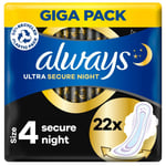 Always Ultra Secure Night Storlek 4 Bindor Med Vingar 22 st