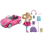 Barbie Convertible Car, sparkly pink with the silhouette as hood ornament & Dreamhouse Adventures Doll, Blonde Chelsea Doll with Pink Skirt, Toy Puppy, Backpack