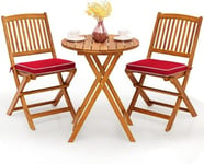 Salon de Jardin 3PCS Pliant-2 Chaises+1 Table+2 Coussins en Bois d'Acacia-Table et Chaise pour Jardin/Terrasse Rouge