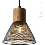 Comely - Lampe suspendue industrielle noire, réglable en hauteur, abat-jour rétro en métal, suspension moderne E27 en bois pour cuisine, salle à