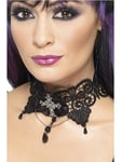 Smiffys Gothic Lace Choker, Black Ornate with Jewelled Cross, Halloween Fancy Dress Accessory, Adult Dress Up Jewellery