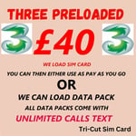 THREE Sim Card Pay As You Go Trio Combi 3 Network 2024 LOADED WITH £40 CREDIT