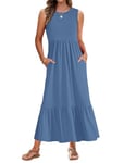 AUSELILY Robe Longue Femme Ete Robe sans Manches Robe de Plage Longue Legere Fluide Maxi Robe Taille Empire avec Poches Bleu Béja L