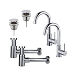 Fortifura Calvi Kit robinet lavabo - pour double vasque - robinet haut - bec rotatif - bonde clic clac - siphon design bas - Chrome brillant