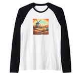 Whet Fields With Windmills Vintage Landscape Graphic Raglan Baseball Tee