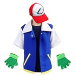 Män Anime Trainer Kostym Pojkar Ash Ketchum Vuxen Cosplay För tjejer Halloween Blue Jacket Cap och handskar Set M