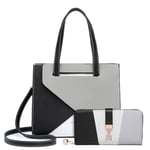 Miss Lulu Handbags for Women Tri Colour with Long Purse, Shoulder Bags with Wallet 2Pcs, Top Handle Bag PU Leather, Can Switch Color Block Match (Bag Grey+Purse Black)