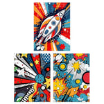 Artery8 Set of 3 A4 Space Pop Art Comic Book Style Artwork Planet Stars and Rocket Kids Bedroom Unframed Wall Art Living Room Poster Prints Pack