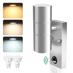 ALUSSO LIGHTING Up Down LED Wall Light PIR Motion Sensor 8W 750LM Stainless Steel Lamp, with GU10 Bulbs 3000K 4000K 6000K Adjustable, Outdoor Security Light IP65 Waterproof for Hallway Porch, Silver