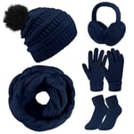 Xnova 5 Pièces Ensemble Bonnet Écharpe Gants Cache-Oreilles Chaussettes Polaire Hiver, Tricotés Gants Tactiles à 3 Doigts Bonnet Chaud Confortable Tricoté Chapeau Pompon Femme Homme (Bleu)