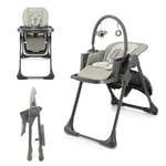 Kinderkraft Tummie, 2-in-1 high Chair, Baby Chair, Bouncer, Ergonomic, Comfortable, Reclining, Foldable, with Ajustable Height, Footrest, Detachable Tray, for Toddler, with Toys, Gray