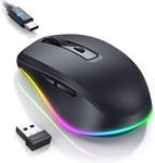 Seenda Souris sans fil, USB Jiggler Rechargeable RGB Mouse, 800/1200/1600/2000 DPI réglable, Soft Click, Souris d'ordinateur portable pour Windows/Mac/Linux, Noir