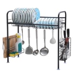 Bonnlo Over Sink Dish Drying Rack for Sink Size < 93cm, Stainless Steel Anti-Rust Above Sink Shelf Dish Drainer w/ Utensil Holder for Kitchen Counter (Black-1 Tier)
