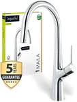 aquaSu® Maila 798853 Robinet d'évier avec buse mélangeuse à économie d'eau, position de liquide froide économique, bec haut, cartouche en céramique, fixation à tige, noyau en laiton, chromé