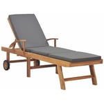 Helloshop26 - Transat chaise longue bain de soleil lit de jardin terrasse meuble d'extérieur avec coussin bois de teck solide gris foncé