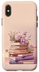 Coque pour iPhone X/XS Livres rose violet pastel et fleur sur fond beige