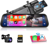 HD Rétroviseur Dashcam Caméra de Recul avec Apple CarPlay sans Fil Android Auto,9,66 Pouces 1080P IPS Écran Tactile Double Caméra de Tableau,2 Écrans D'affichage,Bluetooth+AHD Caméra de Recul