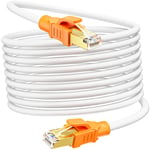 Cable Ethernet 15m Cat 8, Cable Rj45 Blindé 40Gbps 2000Mhz Haute Vitesse Gigabit Rond Cable Internet Extra Lang Cable LAN 26AWG S/FTP PIMF Cable Reseau POE Blanc pour Routeur Modem.[G920]