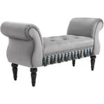 Banc banquette capitonnée design accoudoirs courbés pompons pieds bois hévéa revêtement velours gris