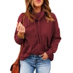 (Red M)Blouse Long Sleeve High Collar Pure Color Drawstring Casual Tops SLS