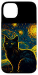 Coque pour iPhone 14 Plus Chat noir Van Gogh Nuit étoilée Propriétaire Chat Maman Papa