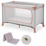 hauck - Lot Lit Parapluie Bebe avec Matelas Dream N Play Plus 120x60 cm - avec Moustiquaire, Grande Ouverture Latérale et Sac de Transport - Dusty Cork