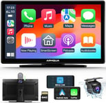 Aphqua New Wireless App-le Carplay & Android Auto with 2.5K Dash Cam,1080P Backup Camera, Portable 9" HD IPS Big Screen for Car, GPS Navigation, Bluetooth, AirPlay, MirrorCast, AUX/FM Transmitter