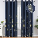 Estelar Textiler Blackout Curtains for Living Room 84 Inches Long Gold Palm Tree Printed Thermal Insulated Room Darkening Curtains for Bedroom, Navy Blue, 52Wx84L, 2 Panels