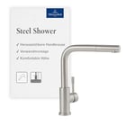 Robinetterie Villeroy & Boch Steel Shower, haute pression, robinet avec douchette extractible et rotation 360°, robinetterie économique, bec 270 mm, acier inoxydable massif