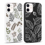 Coalbooliy [2 Pièces Coque pour iPhone 12 Pro/iPhone 12 6,1", Souple Silicone Étui Noir Blanc avec Aesthetic Motif Feuille Dessin Ultra Fine Téléphone Housse Antichoc Case Filles Femmes Cover, 03