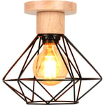 Rétro Plafonnier Vintage Cage en Métal et Bois E27 Lustre Lampe Plafond pour Couloir Escalier Chambre Noir