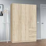 Dmora - Vestiaire Ddermak, Armoire de chambre à 3 portes et 3 tiroirs, Armoire avec 3 étagères et barre de cintre, 135x52h200 cm, Chêne