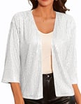 Cardigan Court Femme Veste Chic Gilet Bolero Manche 3/4 Boutons Devant Blanc à Paillettes M