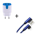 Pack Pour Iphone Lightning (Cable 90 Degres Fast Charge + Double Prise Secteur Couleur) - Bleu