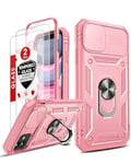 LeYi for iPhone 11 Case and 2 Tempered Glass Screen Protector with Slide Camera Cover,Ring Holder Stand Full Body Protective Heavy Duty Shockproof Hard Armour Phone Cover, Pink