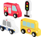 Fisher-Price Coffret Mes véhicules en Bois pour Tout-Petits Comprenant 4 pièces en Bois Dont Un Camion de Pompier, Un Bus Scolaire et Une Voiture de Police, à partir de 2 Ans, JCY32