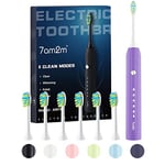 7AM2M Sonic Electric Toothbrush for Adults and Kids, One Charge for 90 Days, with 6 Brush Heads, 5 Modes with 2 Minutes Build in Smart Timer, Roman Column Handle Design(Purple)