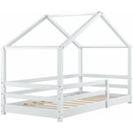 Lit cabane maison pour enfant avec barrière et sommier à lattes bois de pin blanc 200 x 90 cm