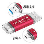 LEIZHAN Clé USB Type C 64 Go,Flash Drive USB 3.0 OTG pour Huawei Samsung Smartphone Android de Type C-Rouge