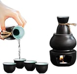 QRYY Ensemble à saké avec réchaud - Ensemble de saki chaud de poterie traditionnelle 6 pièces, y compris un pot chaud en verre à vin de flacon de hanche - Ensemble de saké à texture pittoresque pour