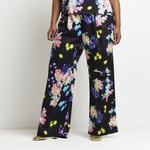 River Island Womens Wide Leg Trousers Plus Black Floral Mid Rise Pants Bottoms